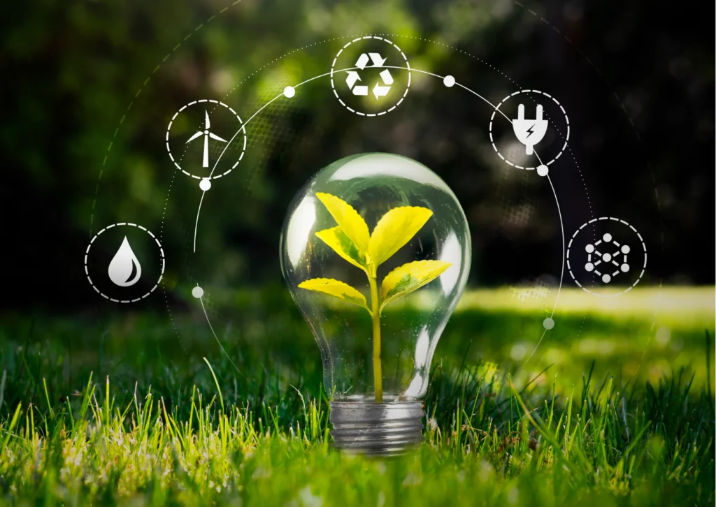 Eine kleine Pflanze wächst in einer Glühbirne auf einer Wiese, umgeben von Nachhaltigkeits-Symbolen für Recycling und erneuerbare Energien.