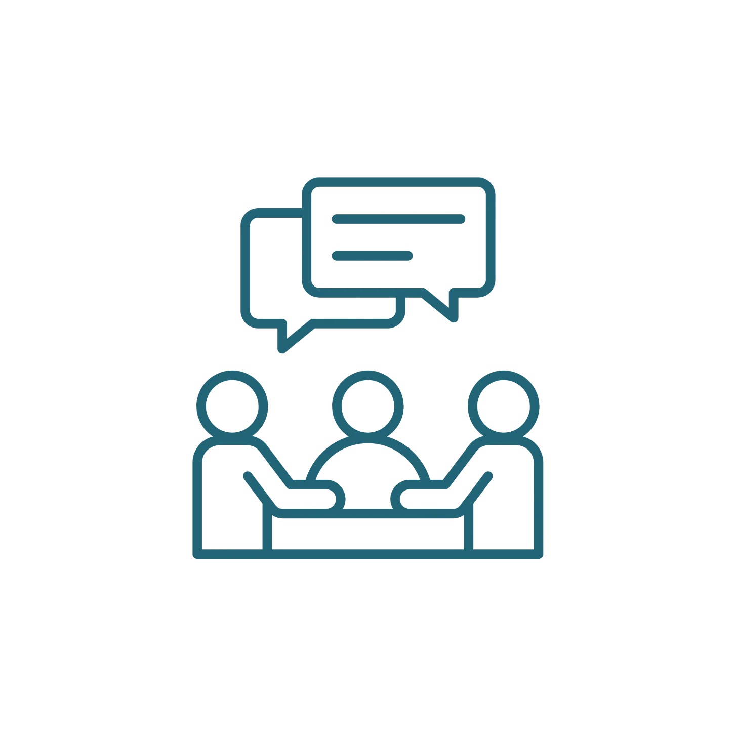 Icon mit drei Personen und Sprechblasen als Symbol für Zusammenarbeit, Meeting und Teamkommunikation.